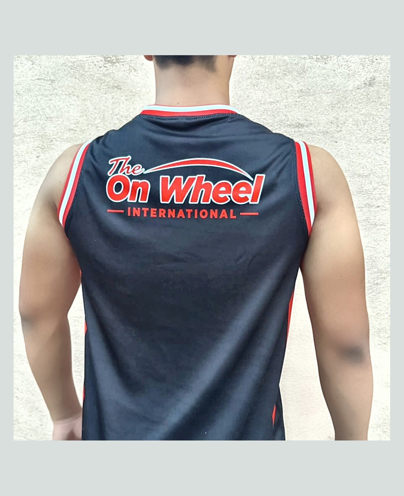 Custom training vest, back — our own range — made and photographed in sialkot — On Wheel International, Sialkot