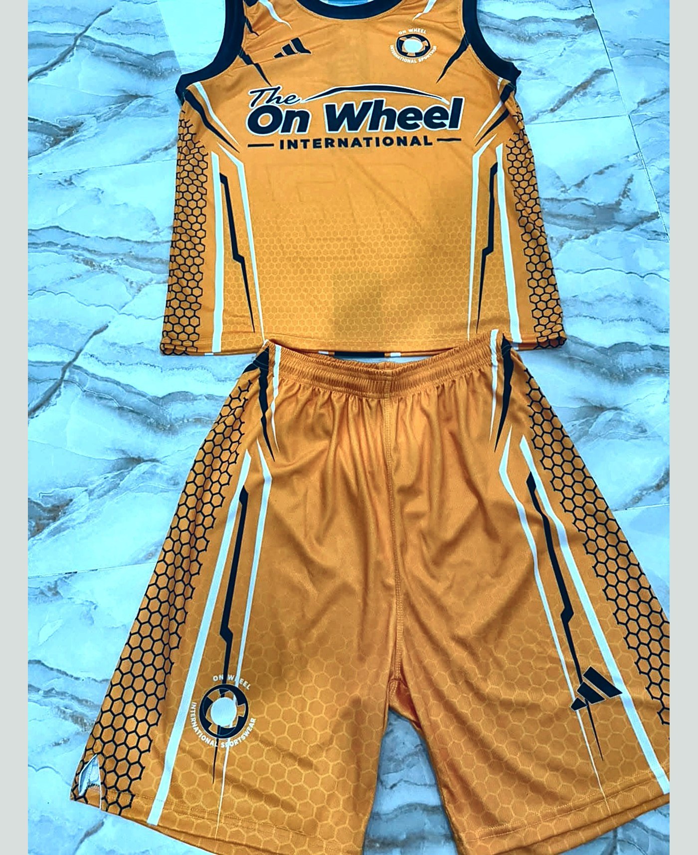 Custom vest & short set — our own range — made and photographed in sialkot — On Wheel International, Sialkot