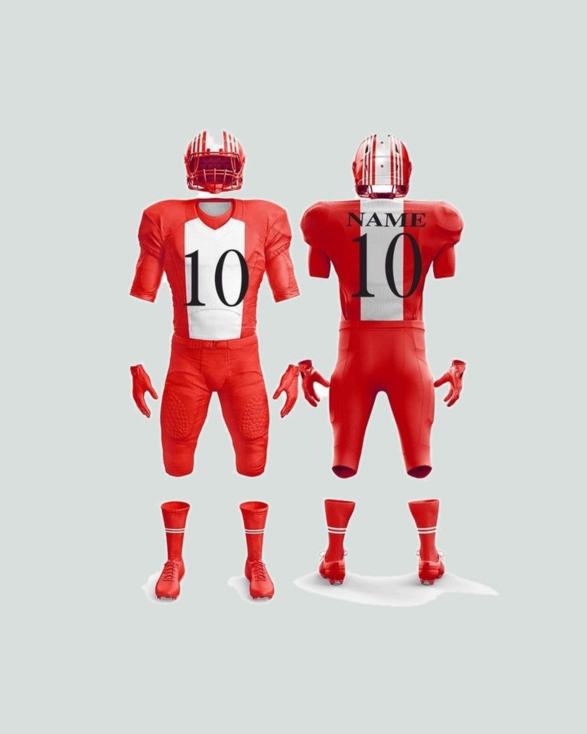 Game uniform — Red / white, centre panel, full set — American football uniform by On Wheel International, Sialkot