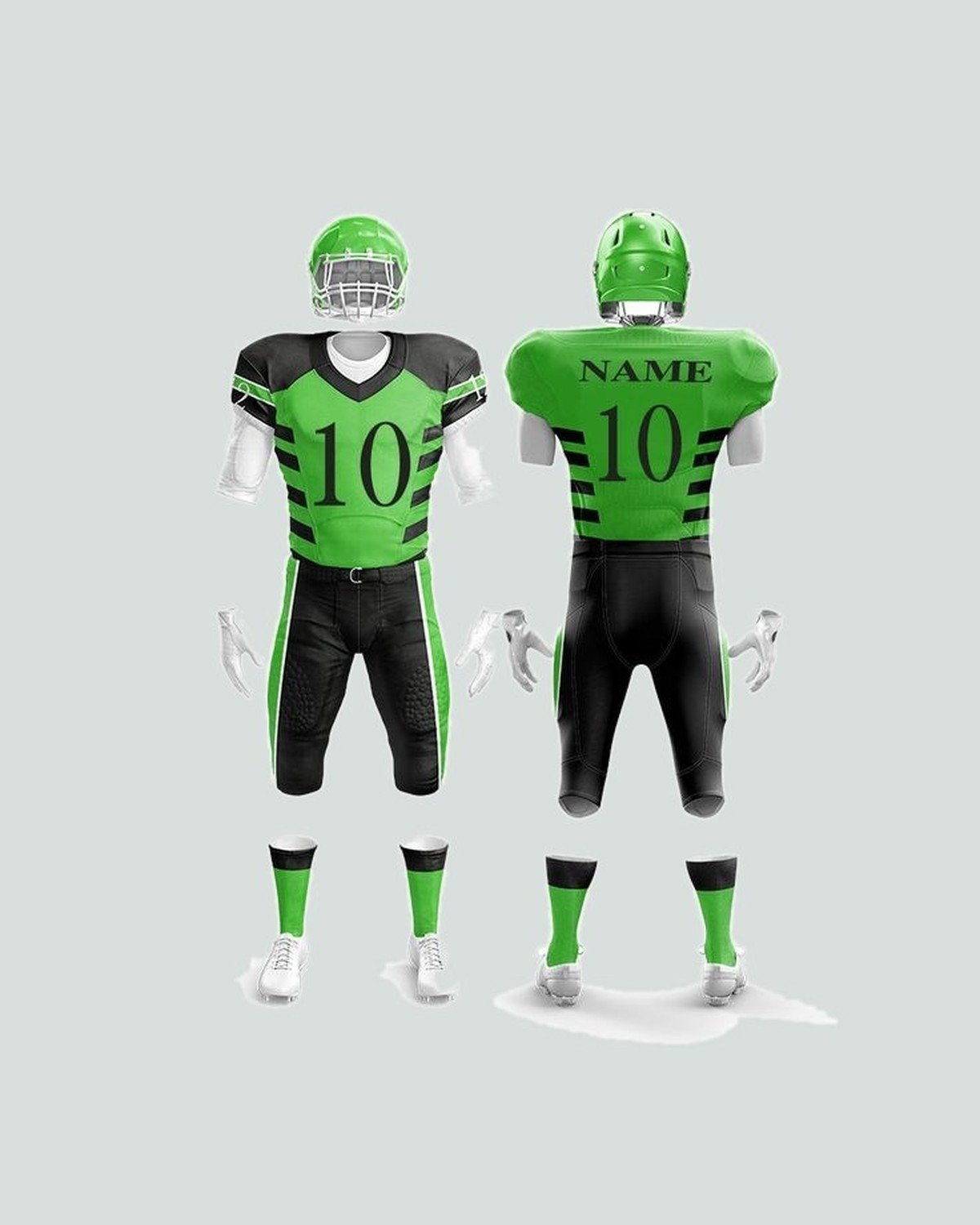 Game uniform — Green / black, striped sleeve — American football uniform by On Wheel International, Sialkot