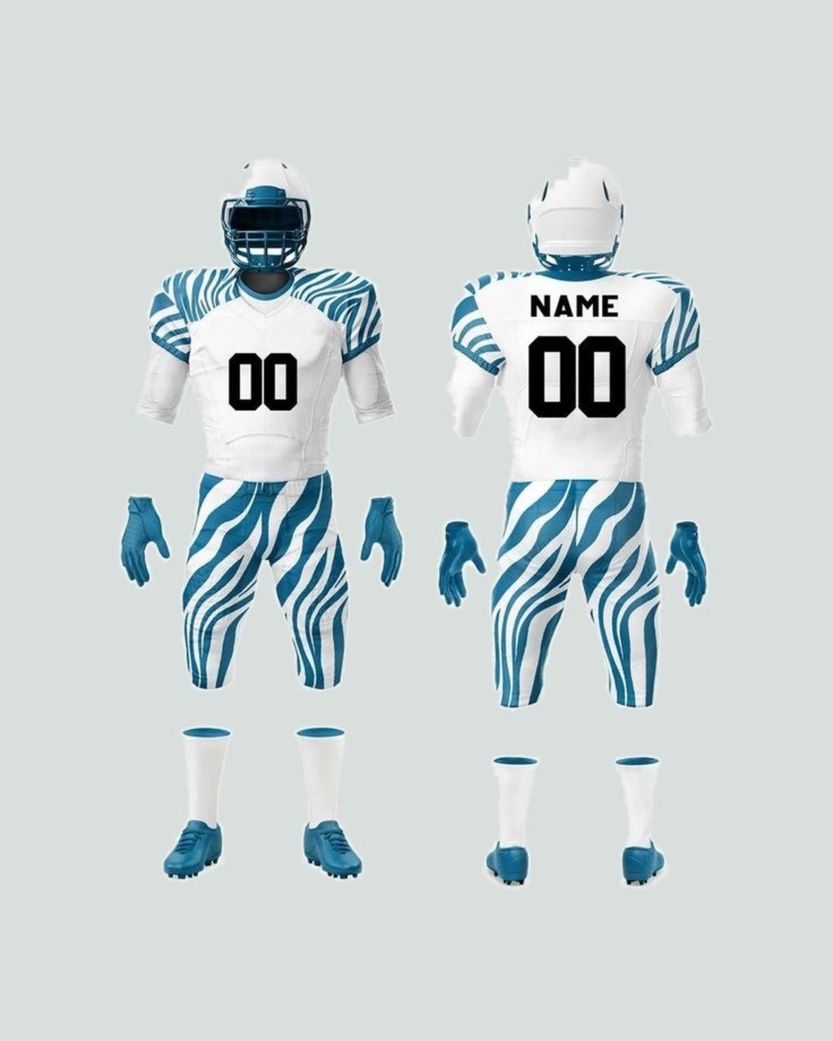 Game uniform — White / blue, zebra print — American football uniform by On Wheel International, Sialkot