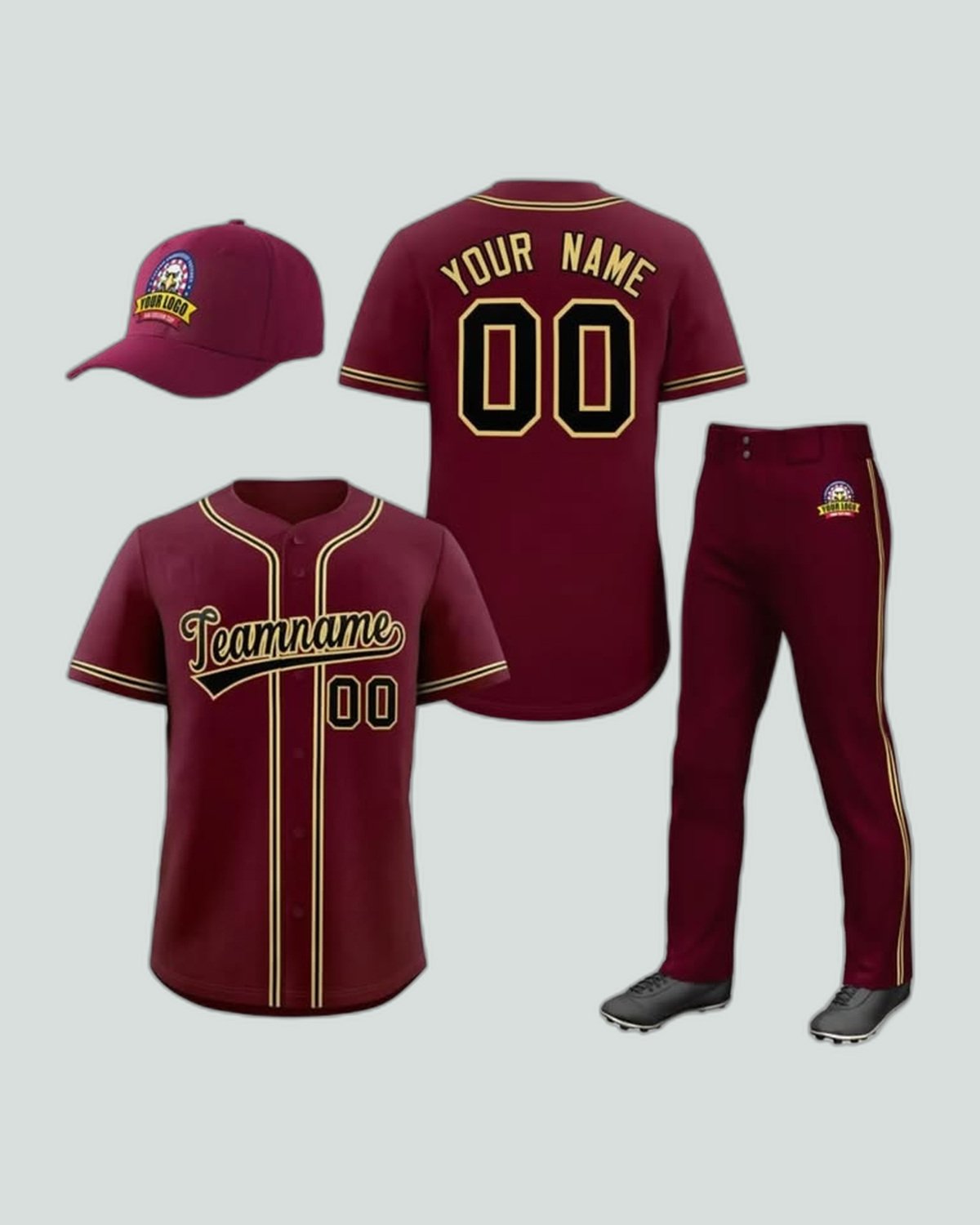 Jersey, pant & cap set — Maroon / gold, piped placket — baseball uniform by On Wheel International, Sialkot