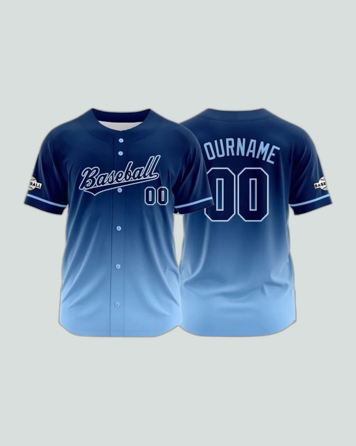 Jersey — front & back — Navy to sky fade, name and number — baseball uniform by On Wheel International, Sialkot