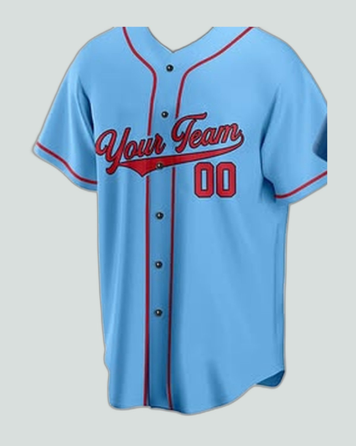 Jersey — Sky blue, red script and piping — baseball uniform by On Wheel International, Sialkot