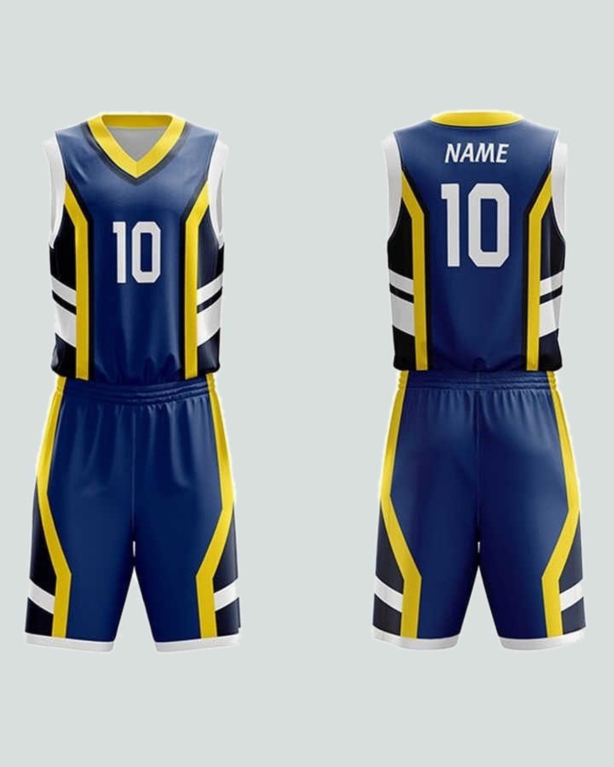 Vest & short set — Navy / yellow, V-panel front — basketball kit by On Wheel International, Sialkot