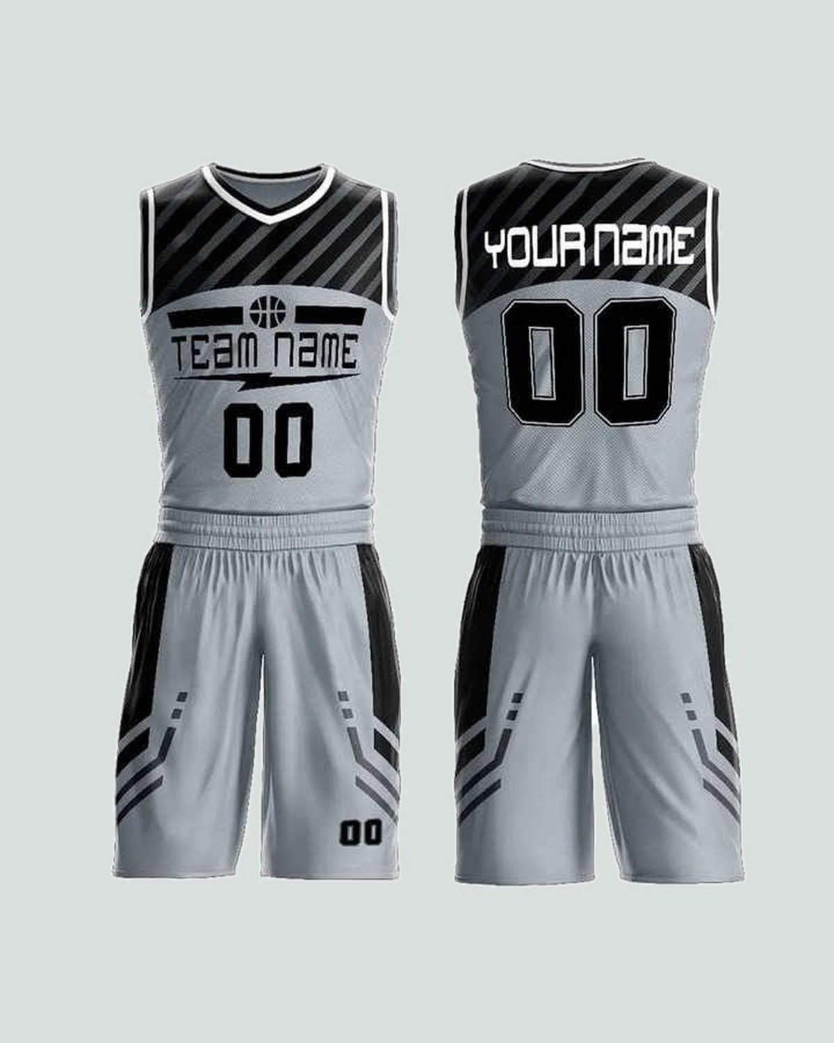 Vest & short set — Grey / black, diagonal print — basketball kit by On Wheel International, Sialkot
