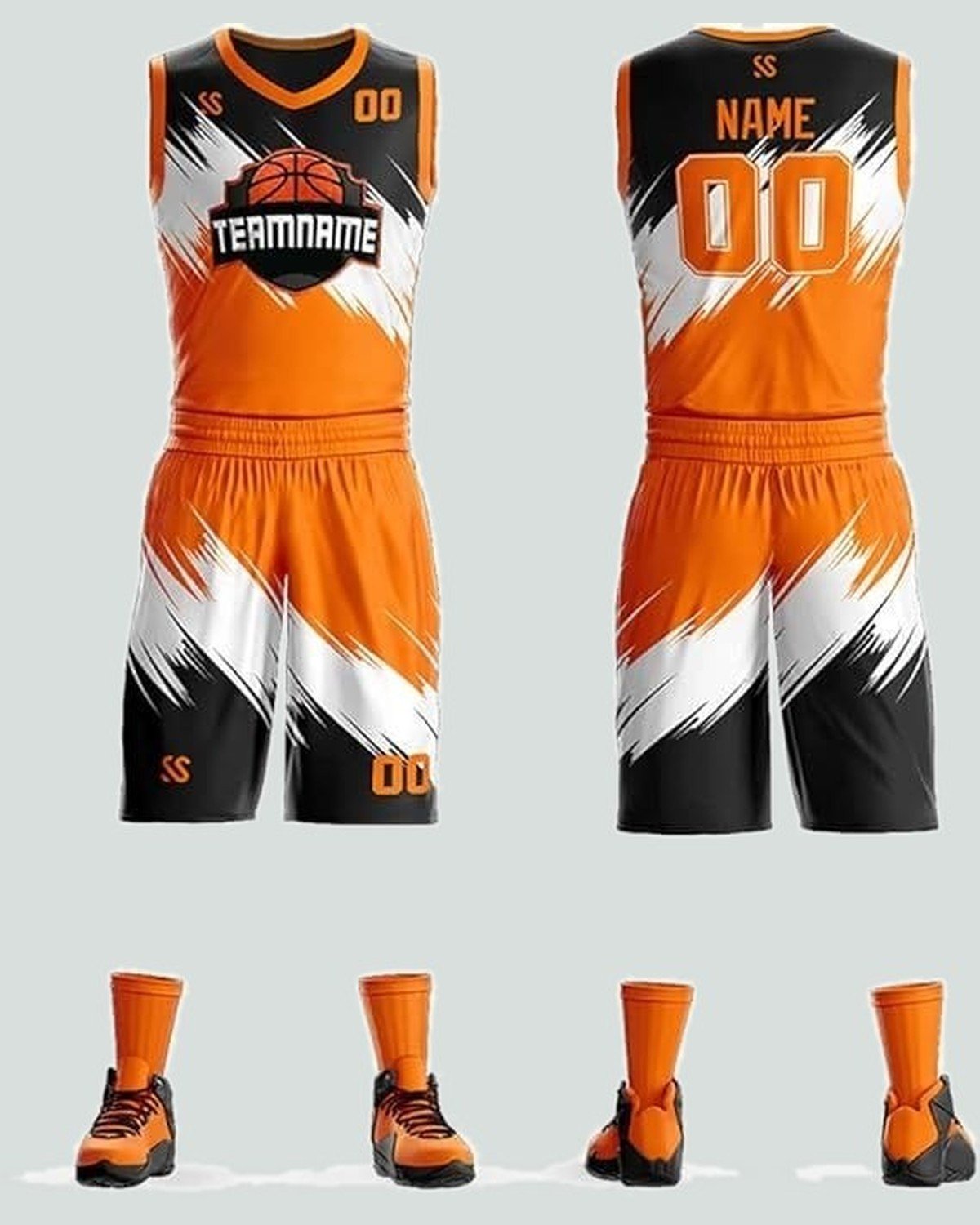 Vest, short & socks — Orange / black, brush print, full kit — basketball kit by On Wheel International, Sialkot