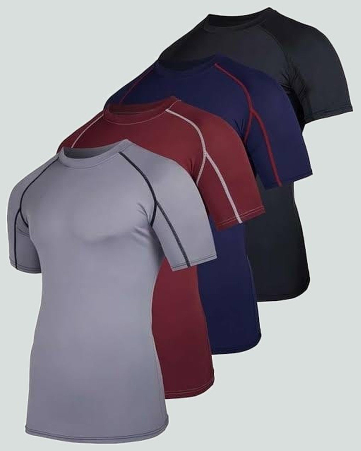 Compression shirt — short sleeve — Grey, maroon, navy and black — contrast stitch — On Wheel International, Sialkot