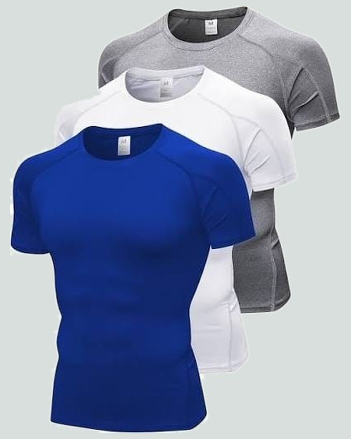 Compression shirt — short sleeve — Royal, white and grey — raglan sleeve — On Wheel International, Sialkot