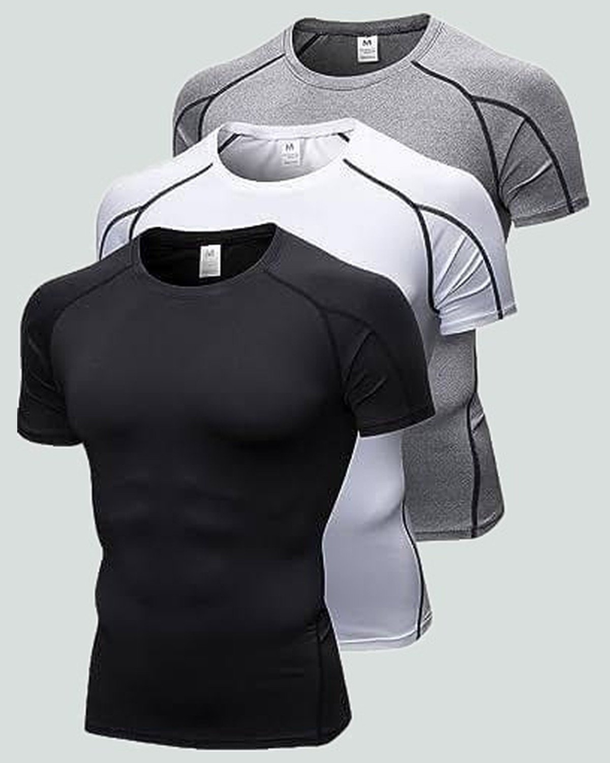 Compression shirt — short sleeve — Black, white and grey — panelled body — On Wheel International, Sialkot